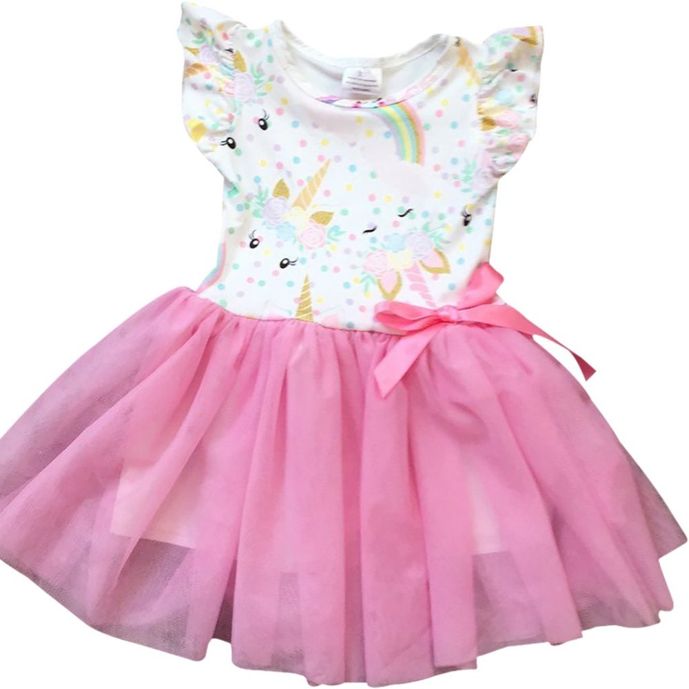 Toddler Little Girl Dress Kids Cap Sleeve Unicorn Mesh Summer Flower Girl Dress